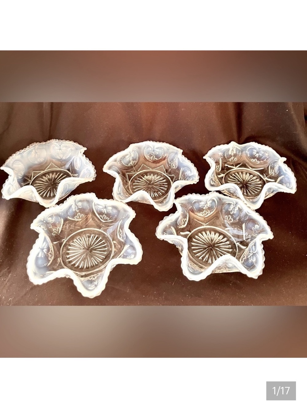 VTG Dugan Glass Jeweled Heart White Opalescent Master Berry Bowl Set of 6 Antiqu